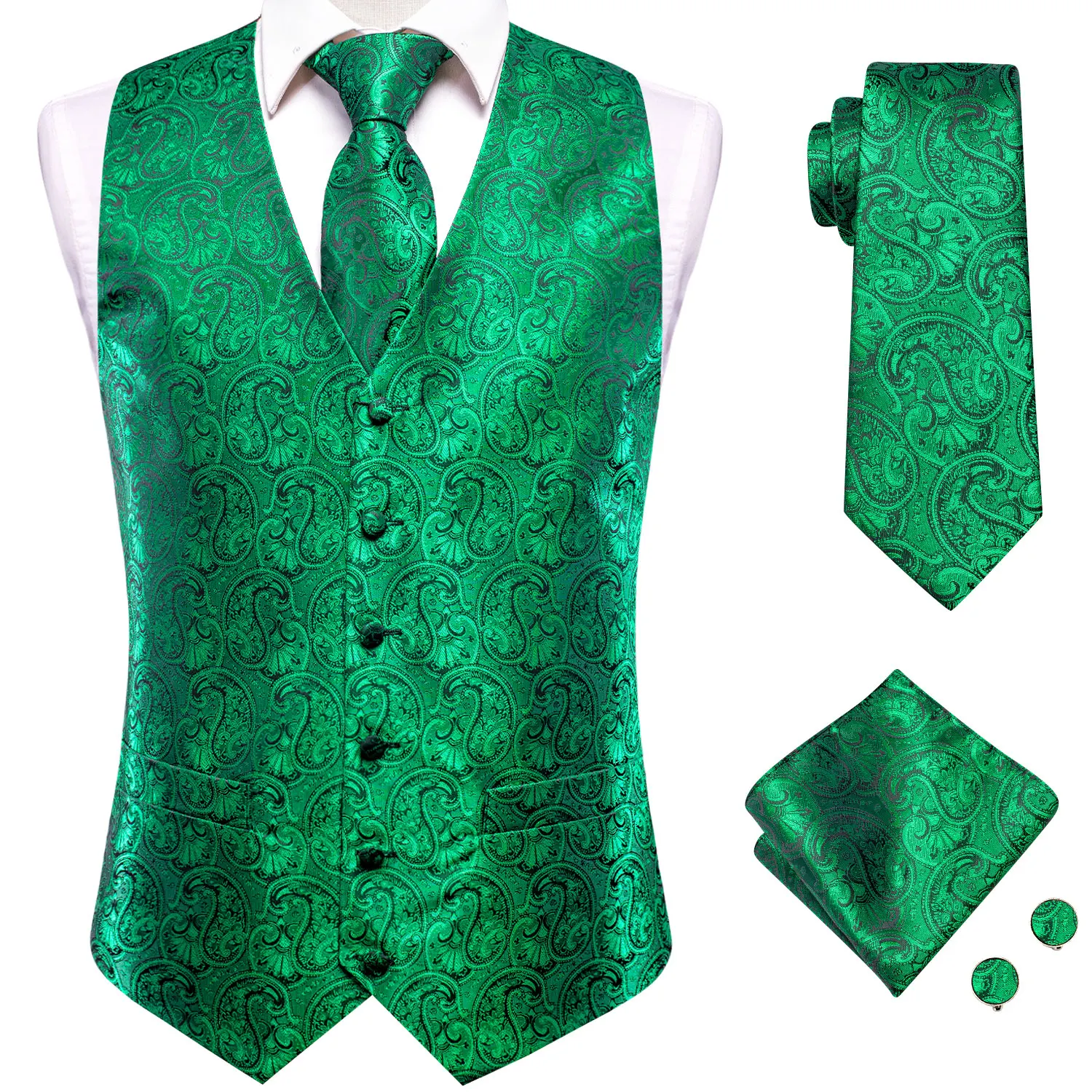 Picture 3: Green Mint Sage Silk Mens Waistcoat Tie Set Sleeveless Jacket Suit Vest Necktie Hanky Cufflinks Wedding Business Oversized Gift