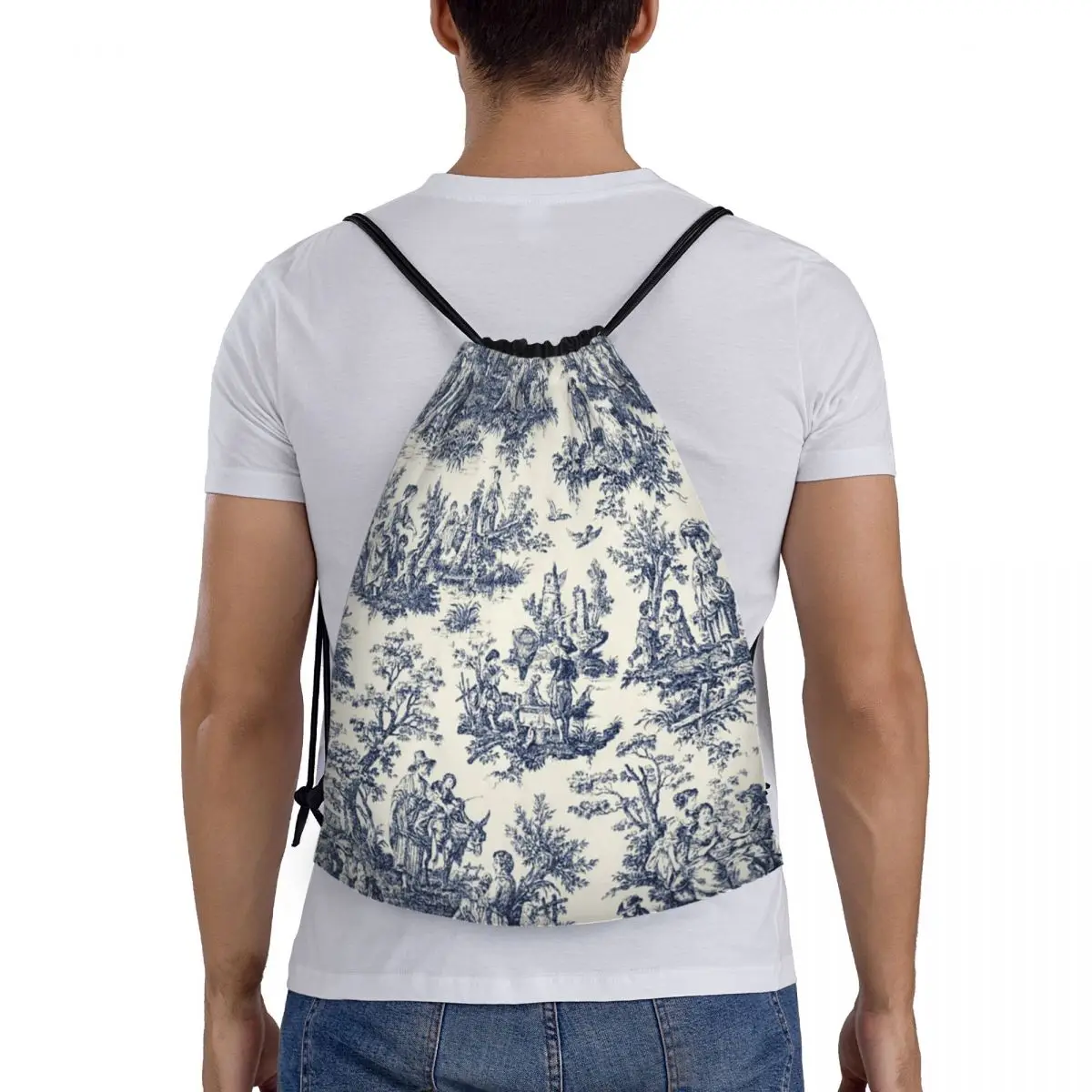 Custom NOMADES Artsy Vintage Toile De Jouy Drawstring Backpack Bags Lightweight Navy And White Gym Sports Sackpack Sacks