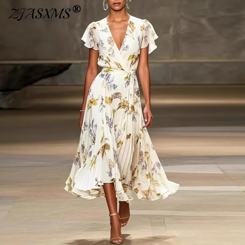 Robe portefeuille décontractée, col en V, taille haute, élégante, imprimé Floral, à volants, ligne a, manches courtes, style Boho, robes longues, printemps