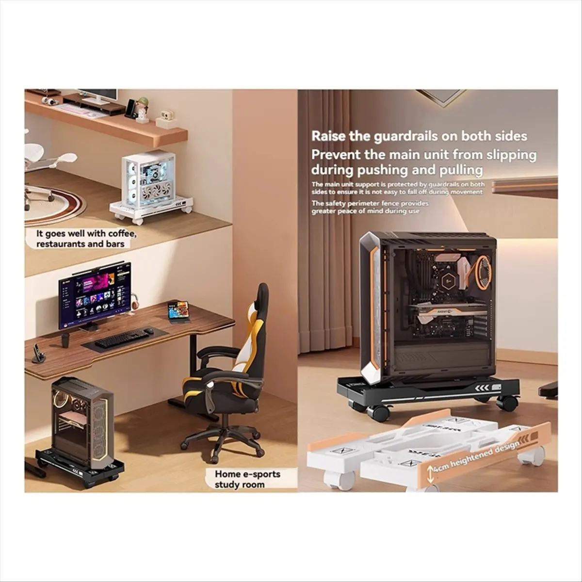 AT42 Adjustable Computer Host Bracket Mobile PC Holder Cart Computer Tower Stand White