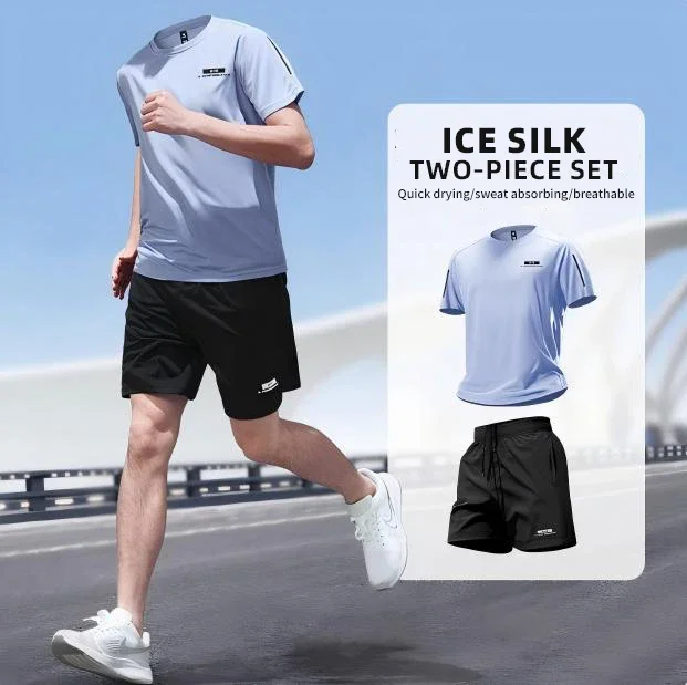 

Sportswear set, men's ice silk running quick-drying suit, T-shirt, shorts, fitness feather basketball shorts, training suit