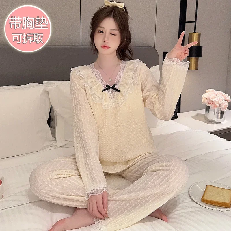 5XL Plus Size Women\'s Spring Pajamas Cotton Homewear Suit Korean Long-Sleeved Long Pants Loose Sleepwear Lace Sweet Loungewear