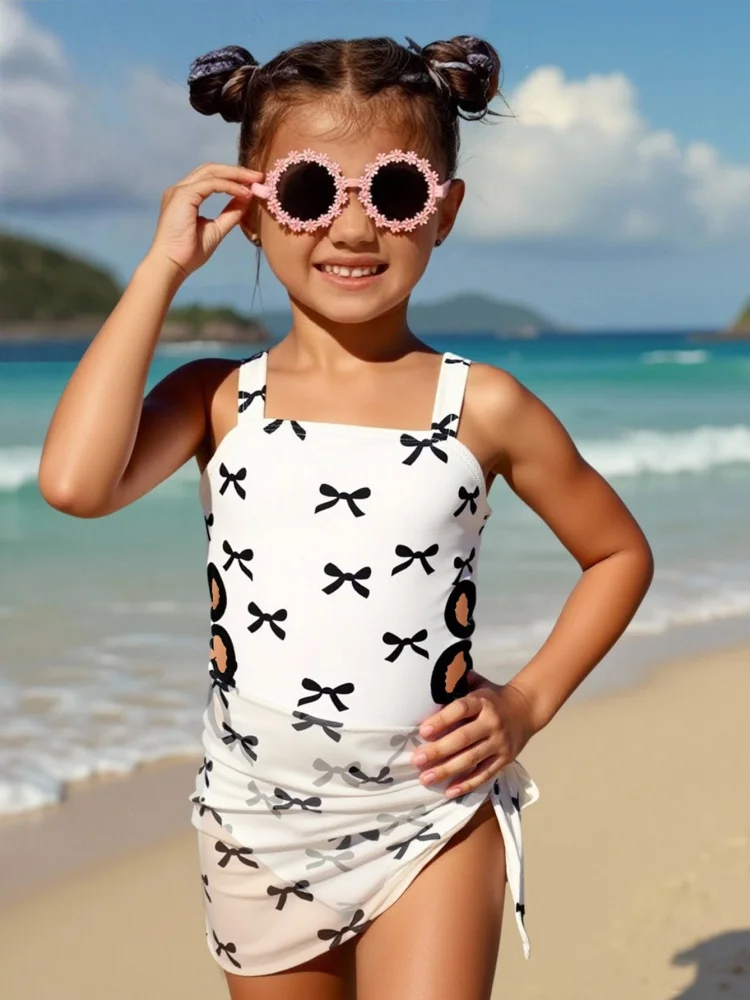 

One Piece Girls Kids Swimsuit 2026 New Solid Bow Tie Print Sling Children Swimwear Summer Beach Cover Up Bathing Suits Swimming