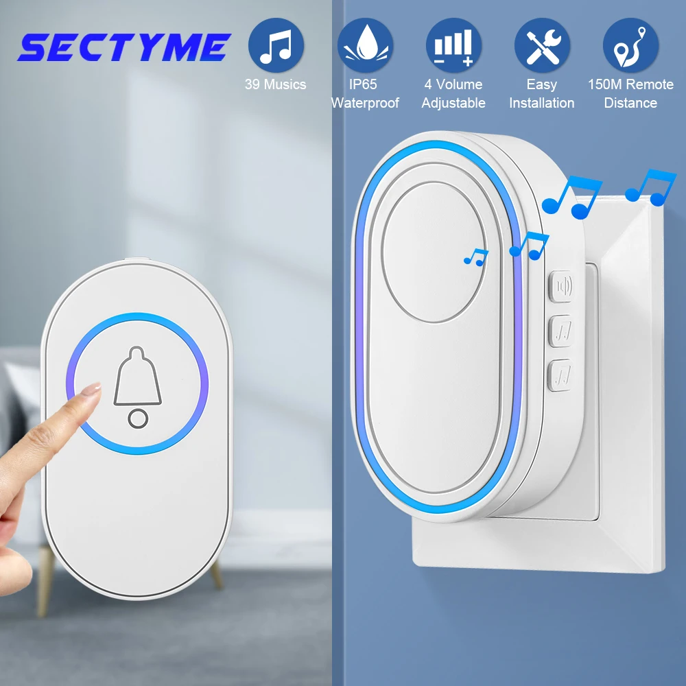 Sectyme Outdoor Wireless Doorbell IP65 Waterproof Smart Home Door Bell Chime Kit LED Flash Security Alarm Welcome House Melodies