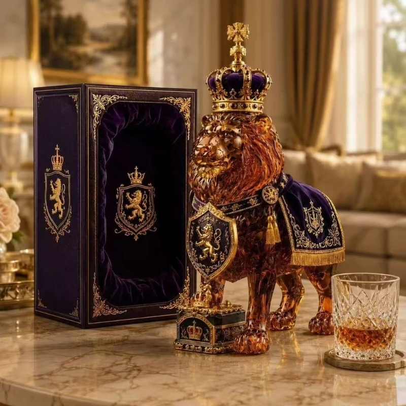 Lions-Shape Whiskeys Bottle with Clear Body, Grape Crown Stoppers and Gold Accent for Distinctive Spirit Storage and 55KF