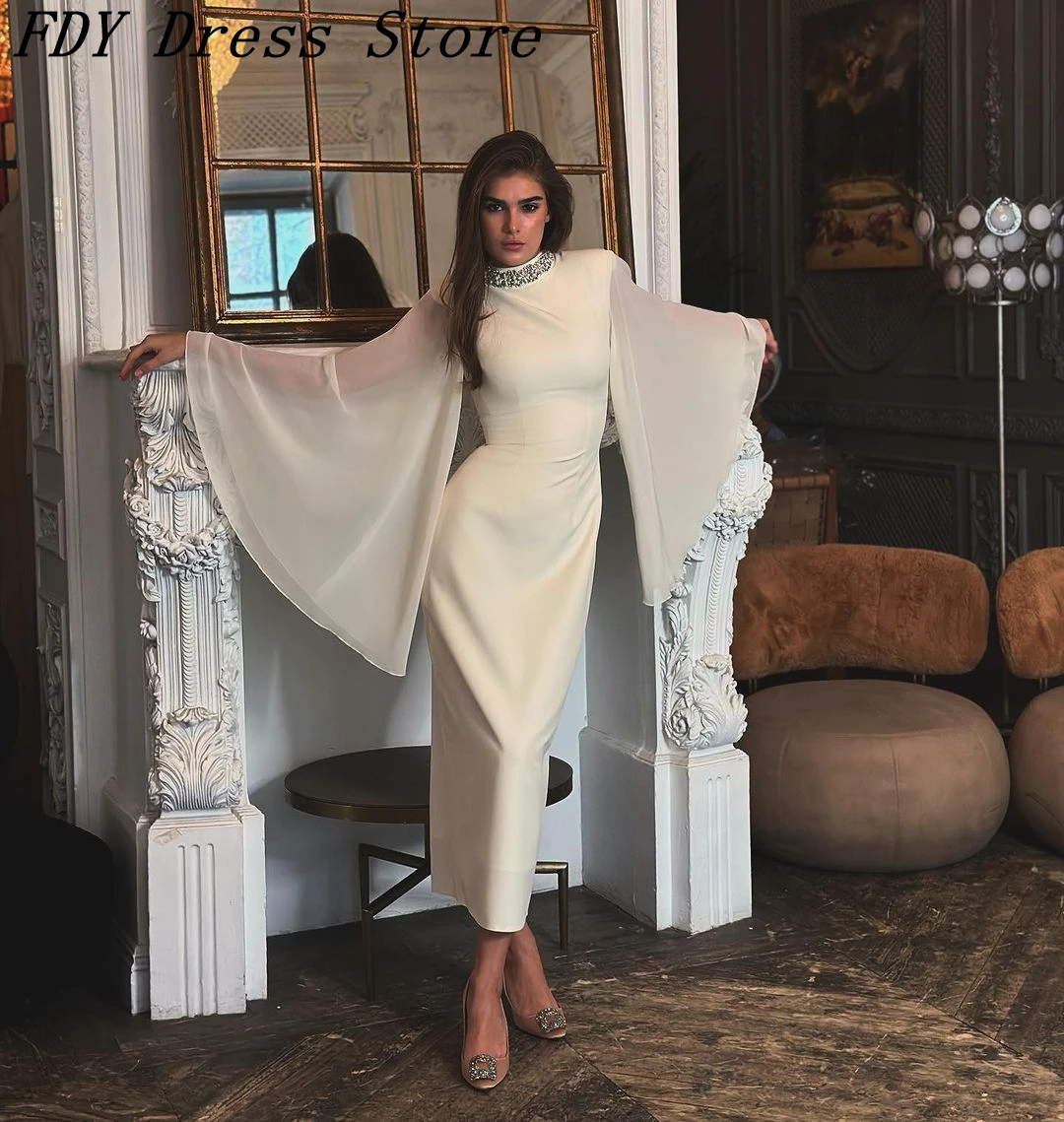 

Elegant Stright Long Sleeves Evening Dresses High Neck Tea Length Prom Dresses Pleated Beadings Back Zipper Party Dresses