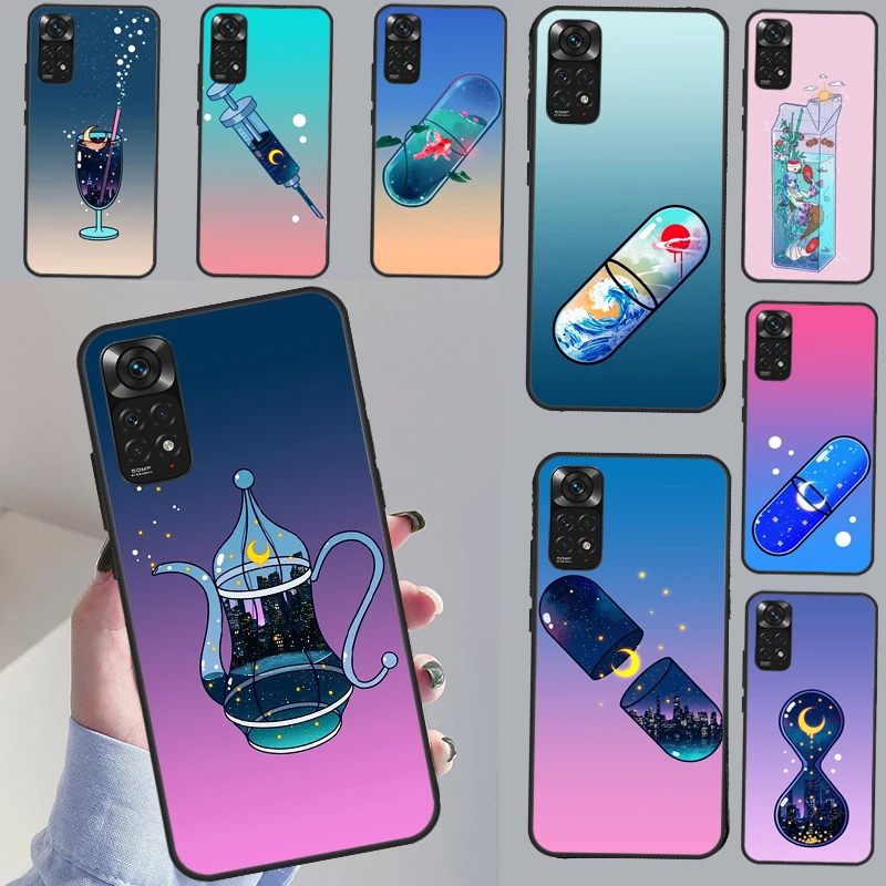 Moon Soda Tea Drink Chill Pill Case For Redmi Note 11 10 8 9 12 Pro Plus Note 12S 11S 10S 9S Cover For Redmi 12C 9C 10C 10A