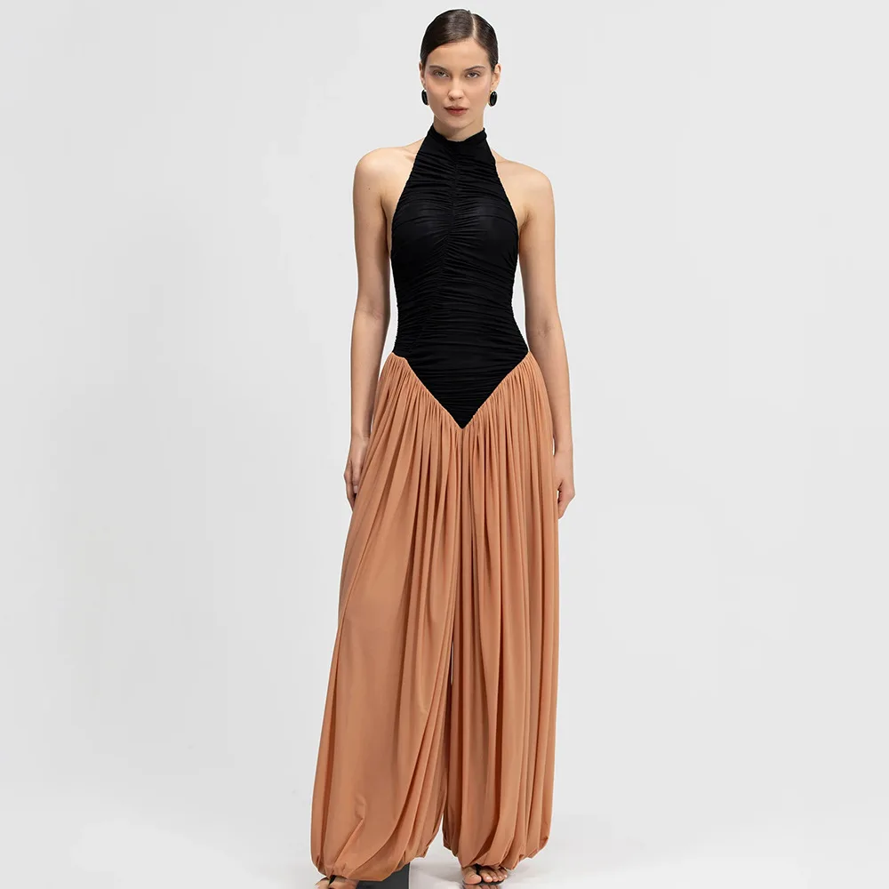 European and American Foreign Trade Women's Clothing Sexy Ol Commuter Simple New Halter Neck Jumpsuit Pleated Backless Casual Jumpsuit for Women