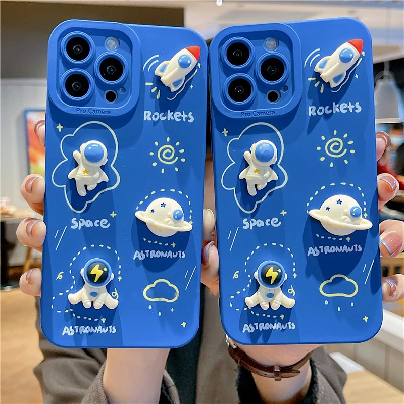 Cute Cartoon 3D Space Astronaut Case For iPhone 14 13 11 12 Pro Max Mini XS max X XR 7 8 Plus SE2 Soft Silicone Moon Phone Cover