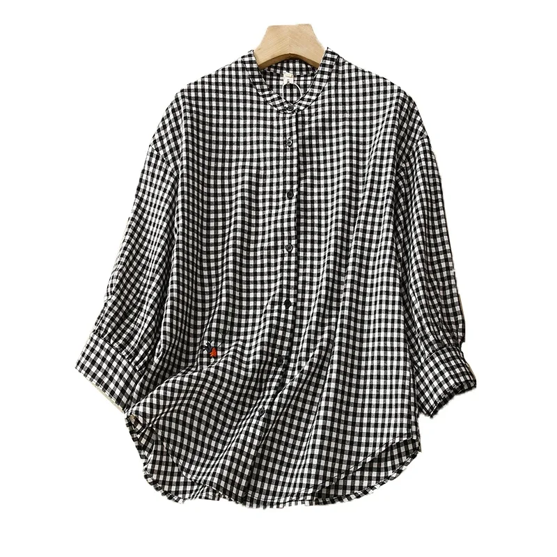 

Весенне-осенняя новая хлопково-льняная рубашка в клетку с девятью рукавами и вышивкой, женская свободная повседневная рубашка в корейском стиле, топ 2025 г.