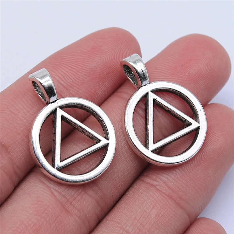 RAINXTAR Fashion Antique Silver Color 10pcs Alcoholics Anonymous Charms Triangle Circle Symbol Charms 19*26mm AAC1969