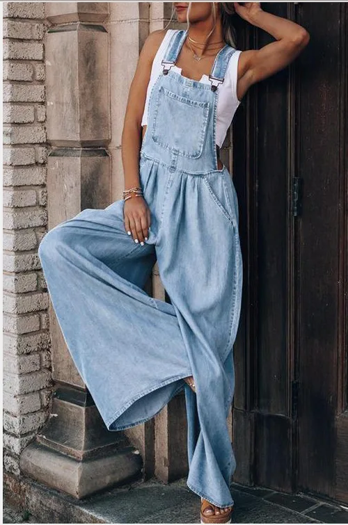 

Women's Vintage Denim Strap Pants Summer New Bohemian Loose Side Pockets Sleeveless Wide Leg Large Cotton Summer jumpsuit