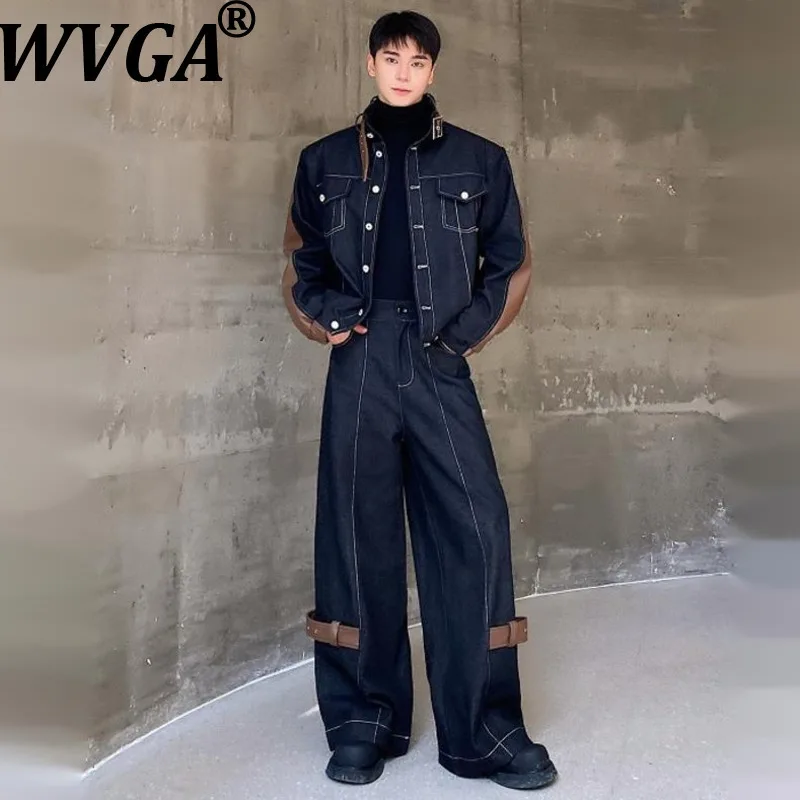 WVGA Autumn Winter New Men Thickened Denim PU Splicing Stand Collar Jacket Niche Chic Casual Wide Leg Jeans Two Piece Set W15849