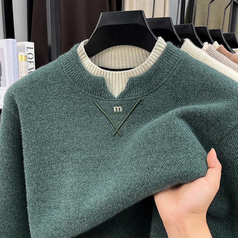 Luxury Brand knitted fake two-piece sweater men's new fashion letter embroidered pullover sweater plush thicken warm winter top
