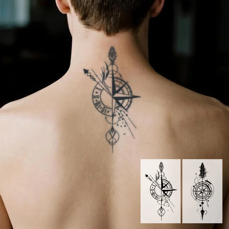 Compass and Feather Herbal Temporary Tattoo Stickers, Long-lasting Waterproof for One to Two Weeks, For Man and Women, Arm, Leg