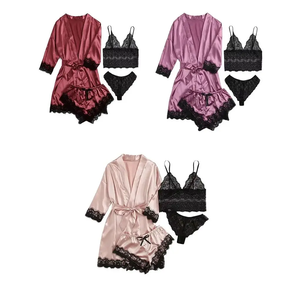 النساء Homewear أنيقة بيجامة من الساتان الزي Bowknot سراويل السراويل بروتيل فستان النوم فضفاض الخامس الرقبة الدانتيل ملابس خاصة مجموعات الهدايا #5