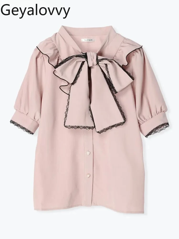 

2026 New V-neck Large Bow Lace-up Short Sleeve Shirt Janpanese Style Cute Sweet Blouse Female Summer Casual Tops for Women