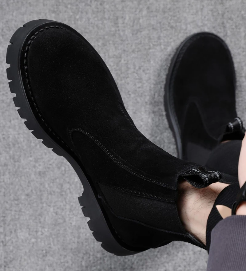 

Мужские повседневные высокие ботинки в английском стиле из замши, черные модные ботинки на платформе, ковбойские ботинки на весну и осень, длинные ботинки челси.