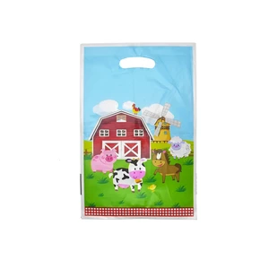 Partideki kaynaklar ve çizgi film teması, çanta hediye plastik, yağma, çiftçilik, mera, süt ürünleri, sığır eti, koyun, tavuk, ördek, çocuk, küçük çocuk, doğum günü Bir erkeğin numarası için ambalajın ilk 10 satışı 6'dır