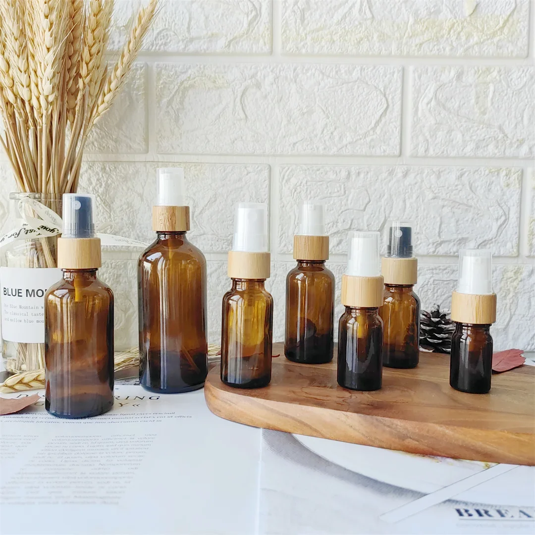 Amber Glass Mist Spray Bottle with Bamboo Fine Mist Sprayer Empty Refillable Lotion Container for Beauty Skin Care Travel Bottle