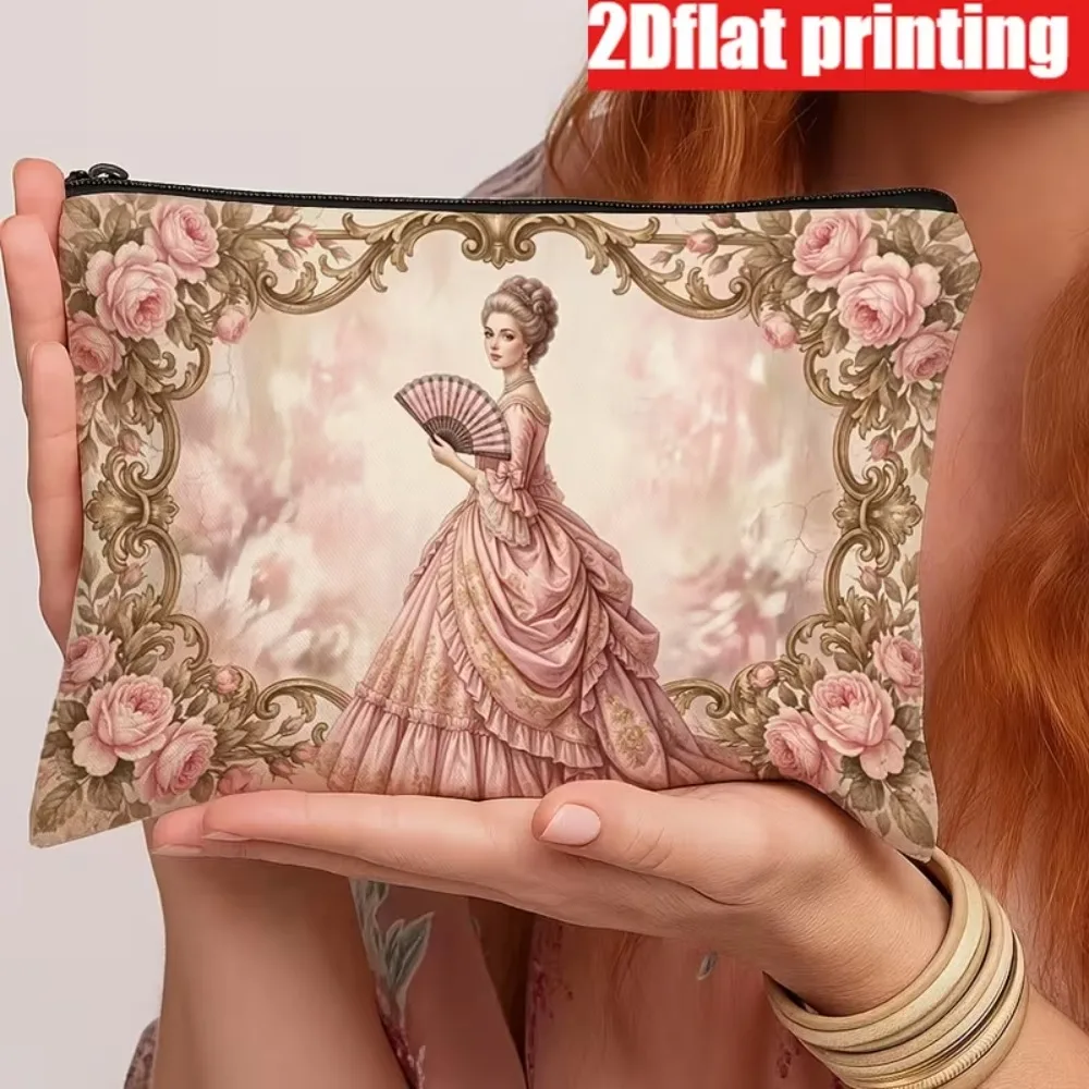 Vintage Rococo Lady Cosmetic Bag 2D Printed Canvas Zipper Pouch Victorian Pink Rose Frame Makeup Storage Portable Travel Purse