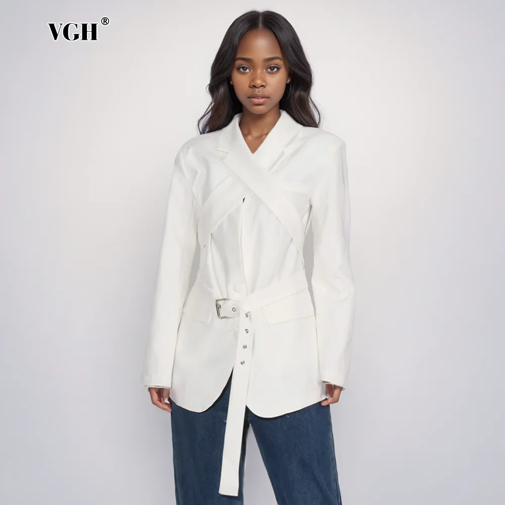 

VGH Solid Minimalist Hollow Out Chic Blazers For Women Round Neck Long Sleeve Spliced Belt Slimming Blazer Female Fashion New