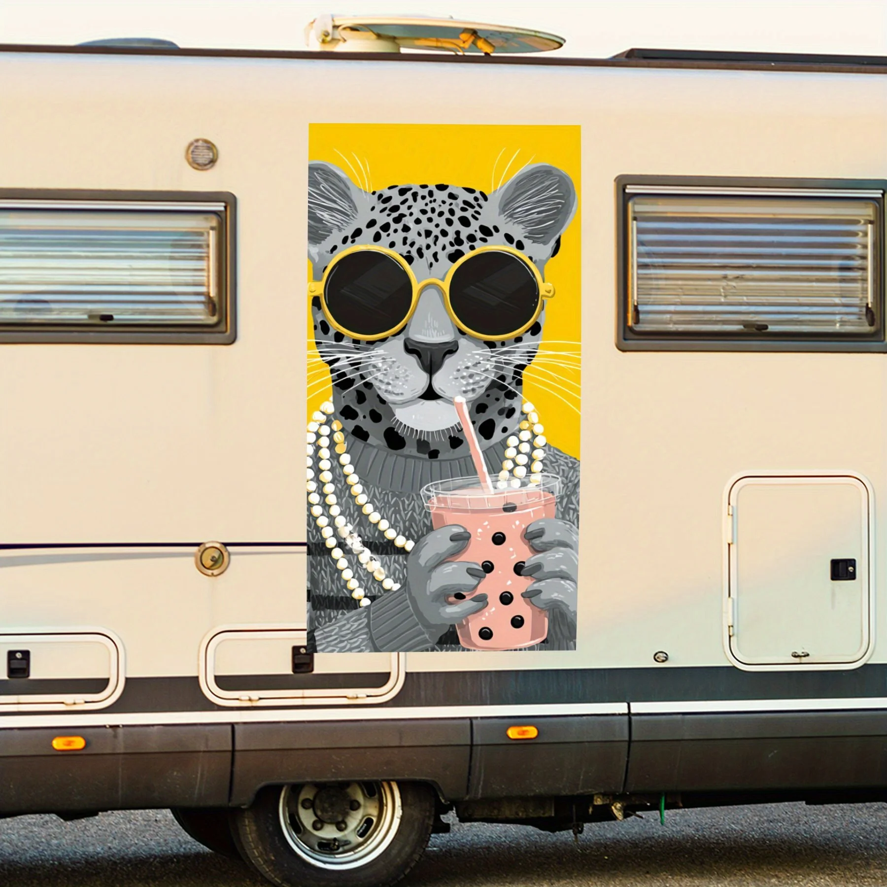 

Прохладный леопардовый питьевой розовый напиток, водонепроницаемая виниловая наклейка для стороны автофургона, самоклеящиеся наклейки для украшения и защиты корпуса автофургона,