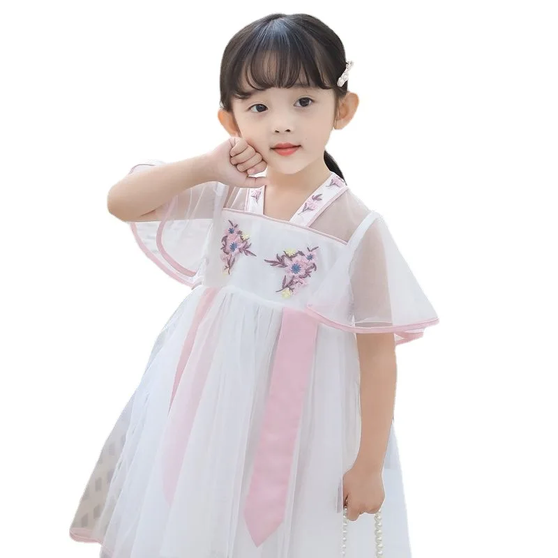 2024 New Summer Girls\' Hanfu Dress Children\'s Antique Flying Sleeve Mesh Skirt Baby Princess Dress Girl\'s Casual Dress