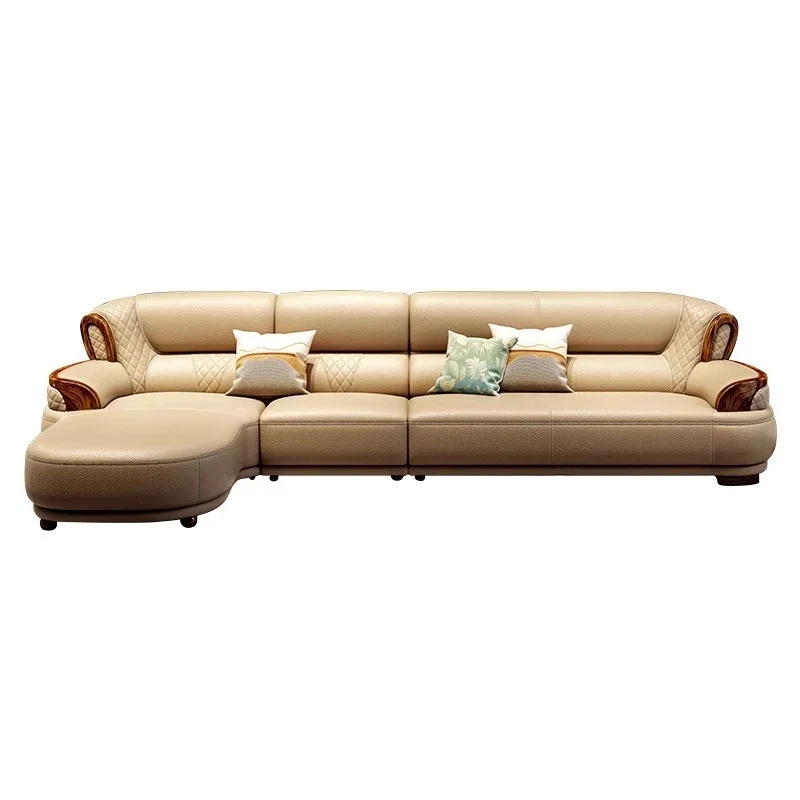 ebony leather sofa corner first layer cowhide modern simple size apartment solid wood light luxury living room