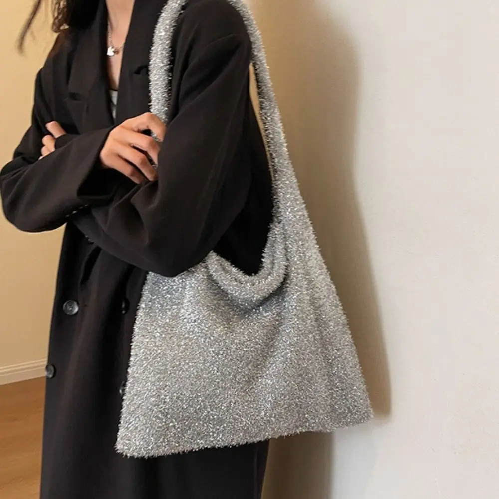 

Portable Vintage Knitted Bag Cute Sweet Blingbling Handbag Korean Gold Silk Tote Bag Outdoor