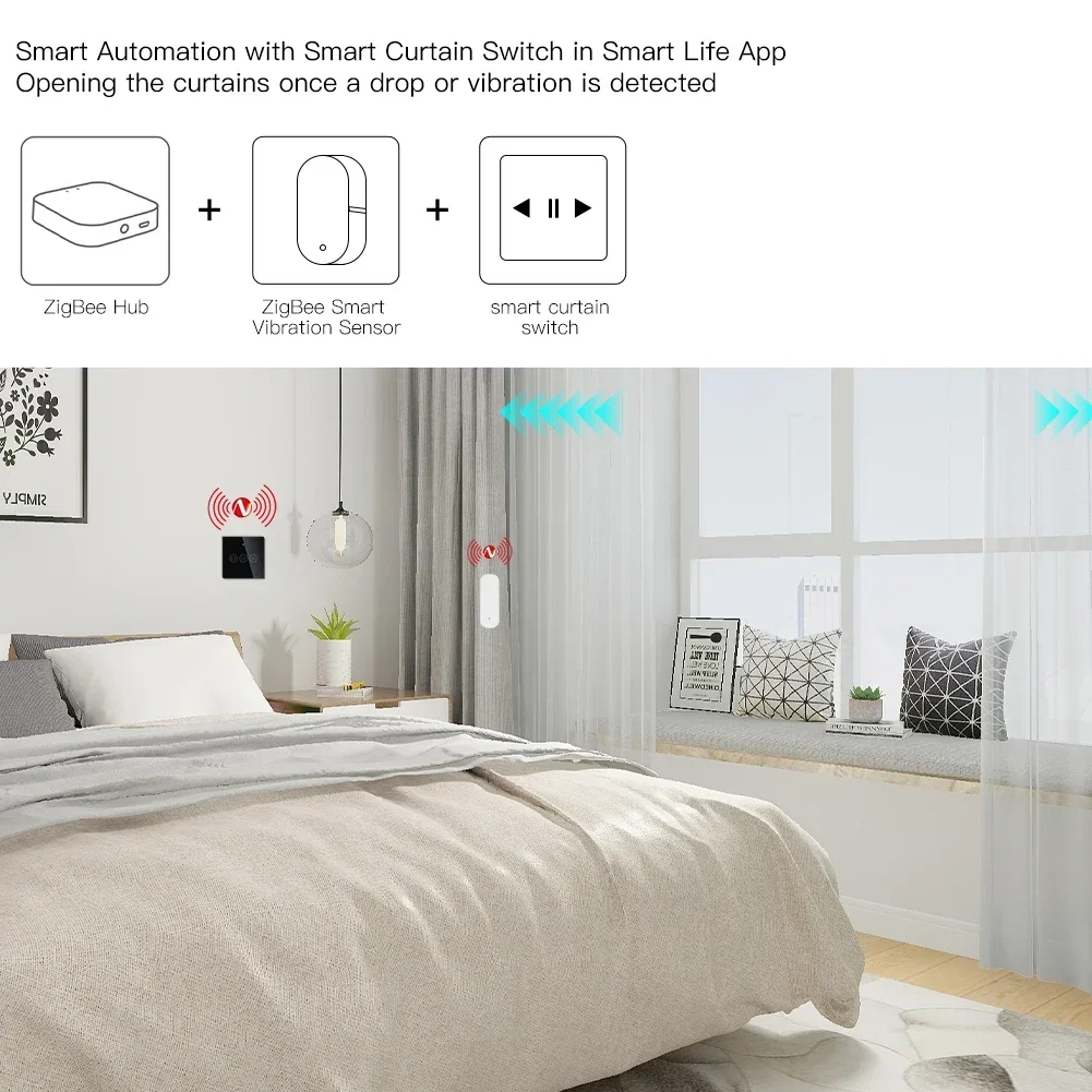 MOES Zigbee Sensor de vibración inteligente, Notificación por aplicación Tuya Smart Life, alarma de choque de movimiento en tiempo Real, registro de historia