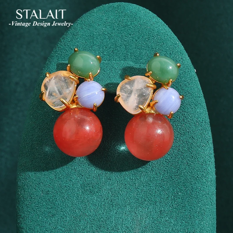 

Natural Stone Stud Earrings For Woman Vintage Watermelon Red Color Oval Glass Antique Luxury Quality Jewelry Party Dress 2025