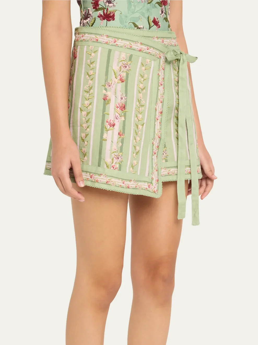 

2025 New Women Lace-up Wrapped Waist Mini Skirt Flower Print High Waist A-Line Fashion Casual 100% Linen Green Jupe