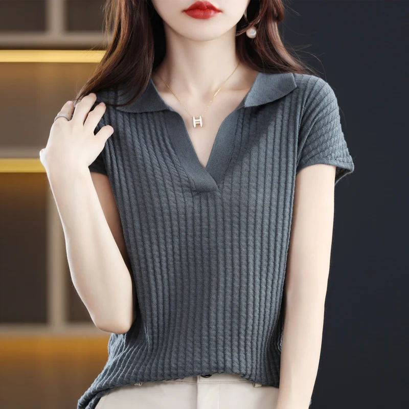 2023 Spring and Autumn Women\'s Cashmere Sweater Women\'s POLO T-shirt Pullover Short Sleeve Cashmere Short Sleeve Knitted Top