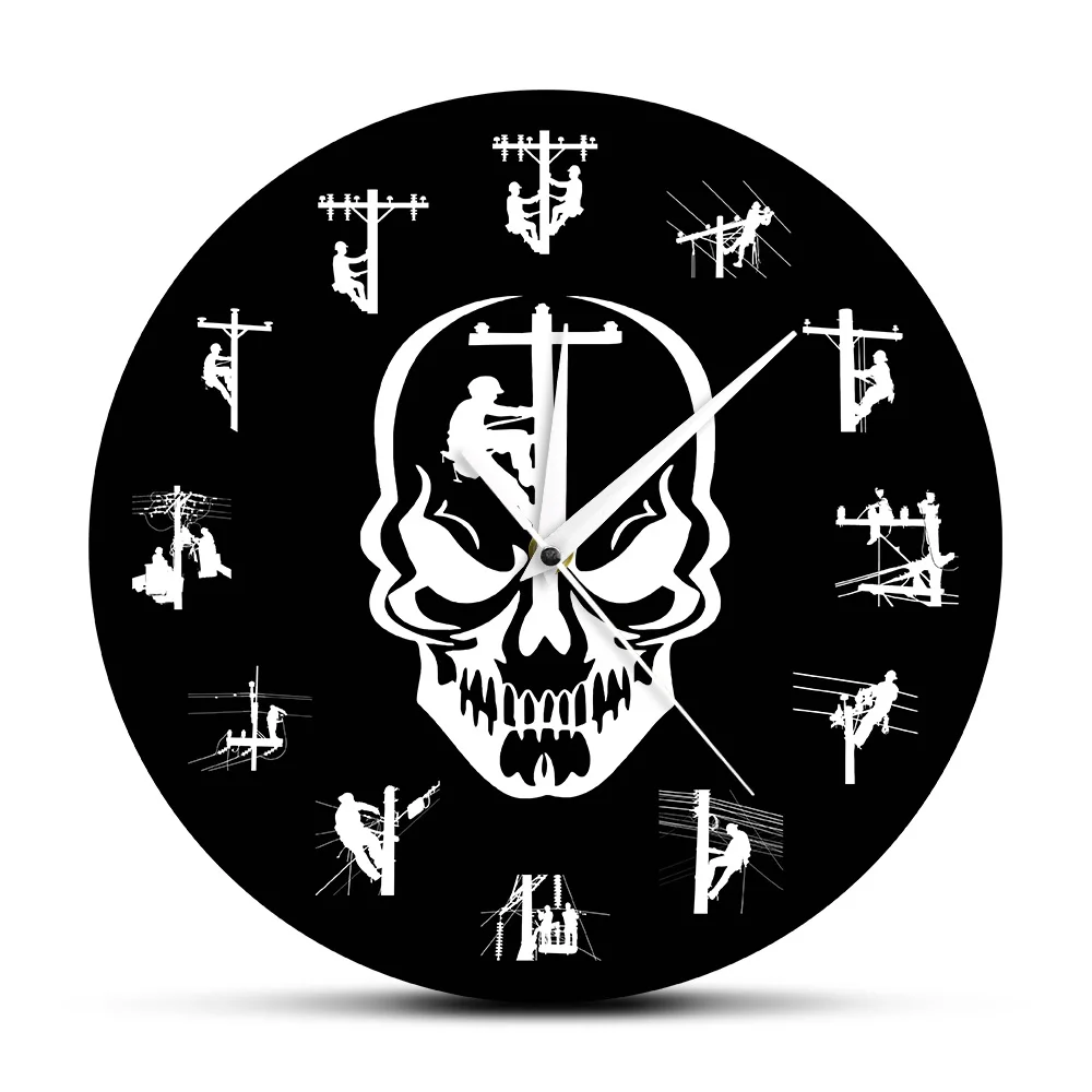 Linemen Climbing Pole Restoring Power Silhouette Wall Clock Lineman Skull Decorative Clock Retired Journeyman Skull Lovers Gift