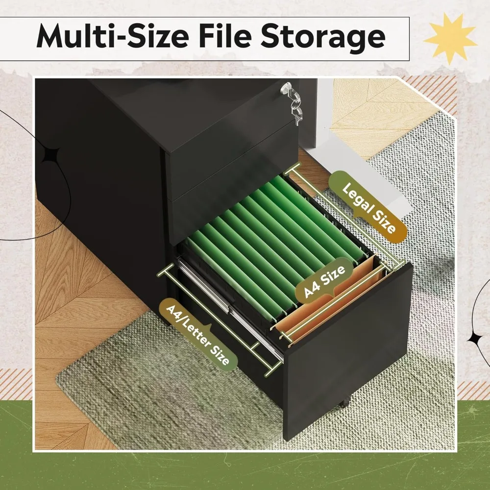 خزانة ملفات معدنية ذات 3 أدراج مع قفل، خزانة ملفات رفيعة تحت المكتب للاستخدام المنزلي والمكاتب #4
