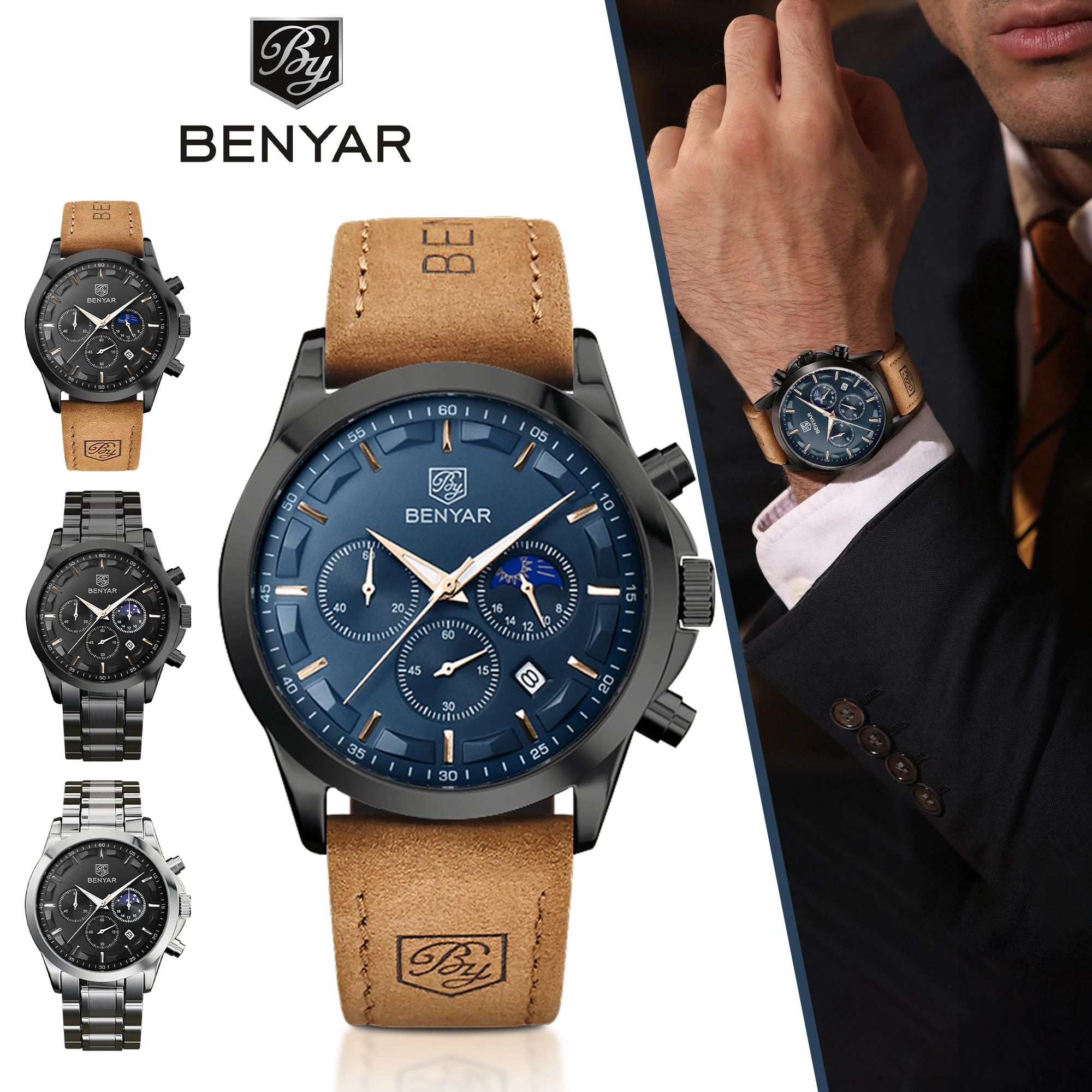 BENYAR Men's Business Watch Gift Fashion Leather Strap Clock Date Waterproof Luminous Function Precision Timepiece