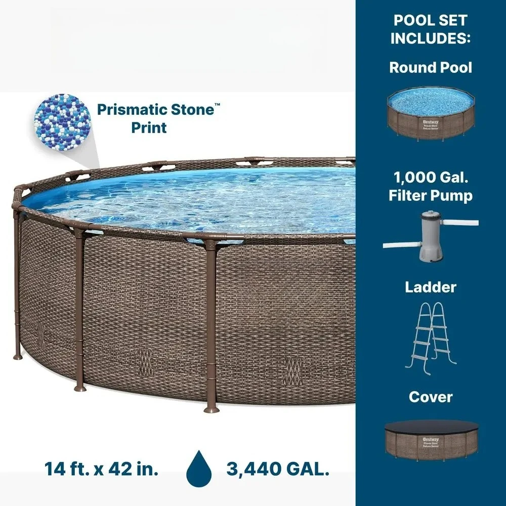 14x 42Above Ground Pool, Round Metal Frame Outdoor Swimming Pool Set with Filter Pump, Ladder, and Cover