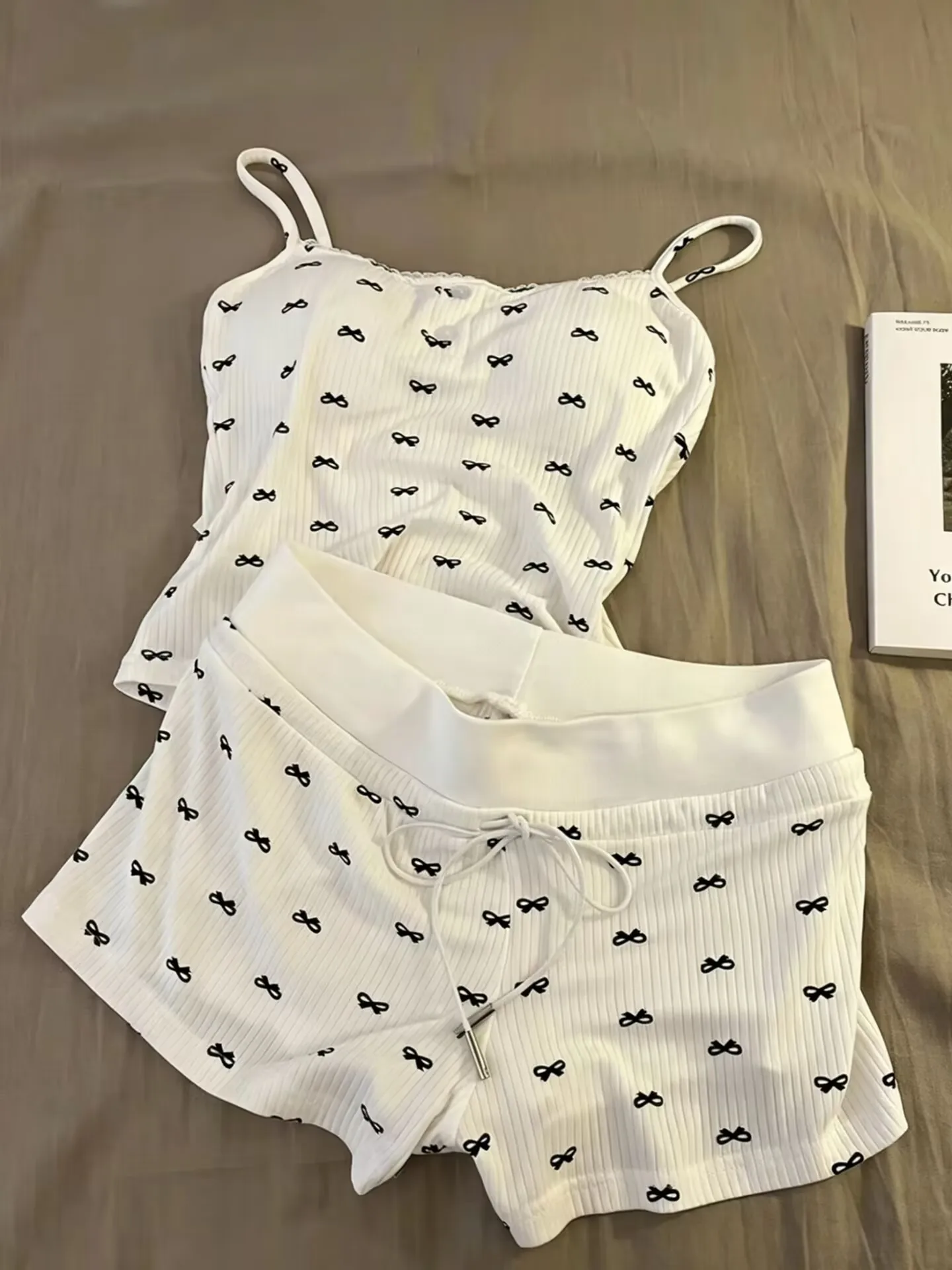 Summer Sleepwear Women's Pure Desire Sexy  Knot Print Strap Vest Small Fragrance Style Home Clothes Set Short Sleeve...