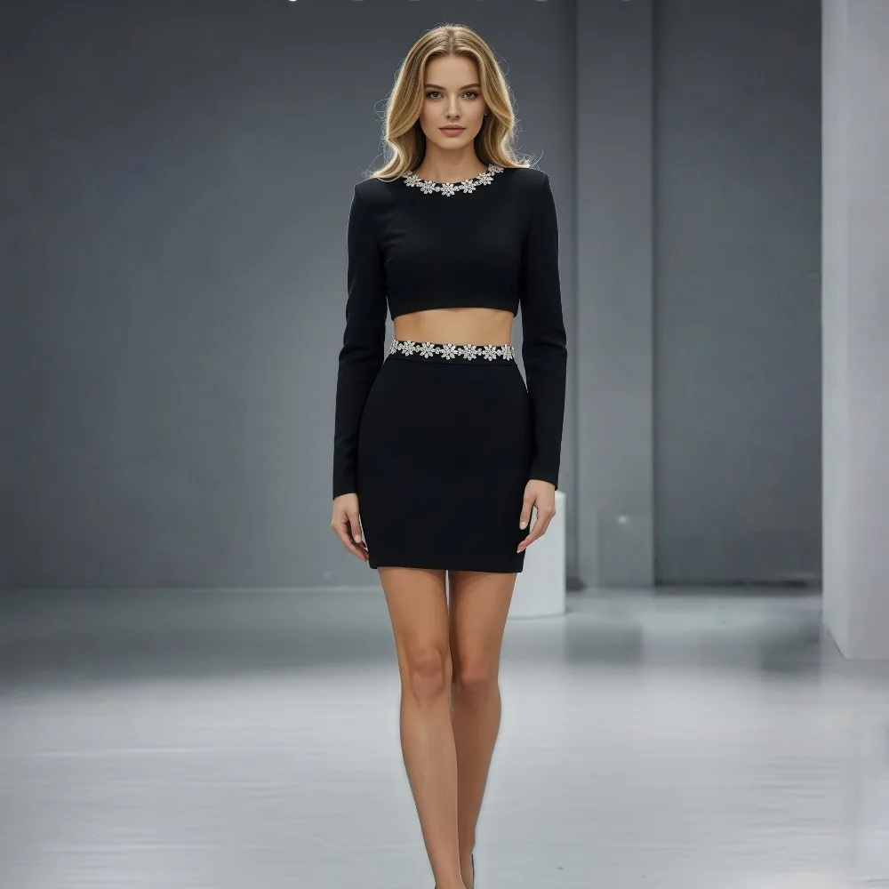 Sexy Crystal Two Piece Set Women Luxury Birthday Party Dress Long Sleeve Crop Top Mini Skirt Suits Elegant Evening Club Gown