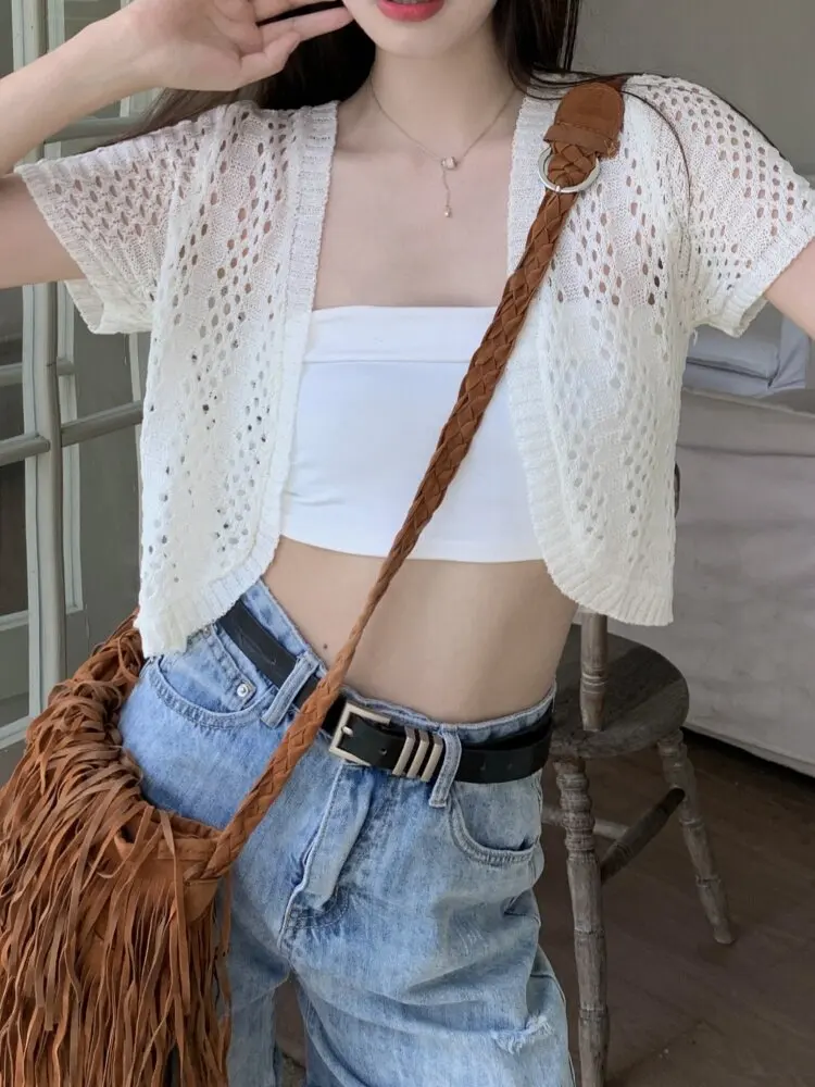 

Ice Silk Knitted Short Sleeve Open Cardigan Women's Thin Early Spring Hollow out Small Shoulder Top with Sling Skirt Shoulder...