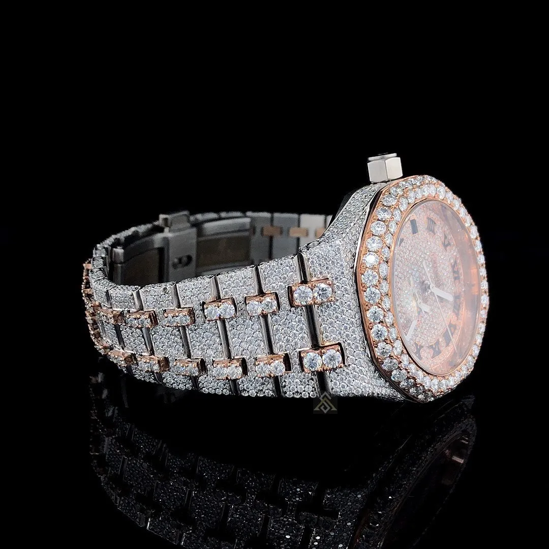 Top Brand Moissanite Diamond Watch for Men Stainless Steel Iced out Hop Style Antique Dial Display 19mm Yellow Gold Band