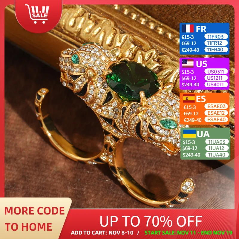 

Vintage Double Leopard Rings Green Crystal Zircon Gold Color Rhinestone For Woman Accessories Luxury Dubai Jewelry Brand 2025