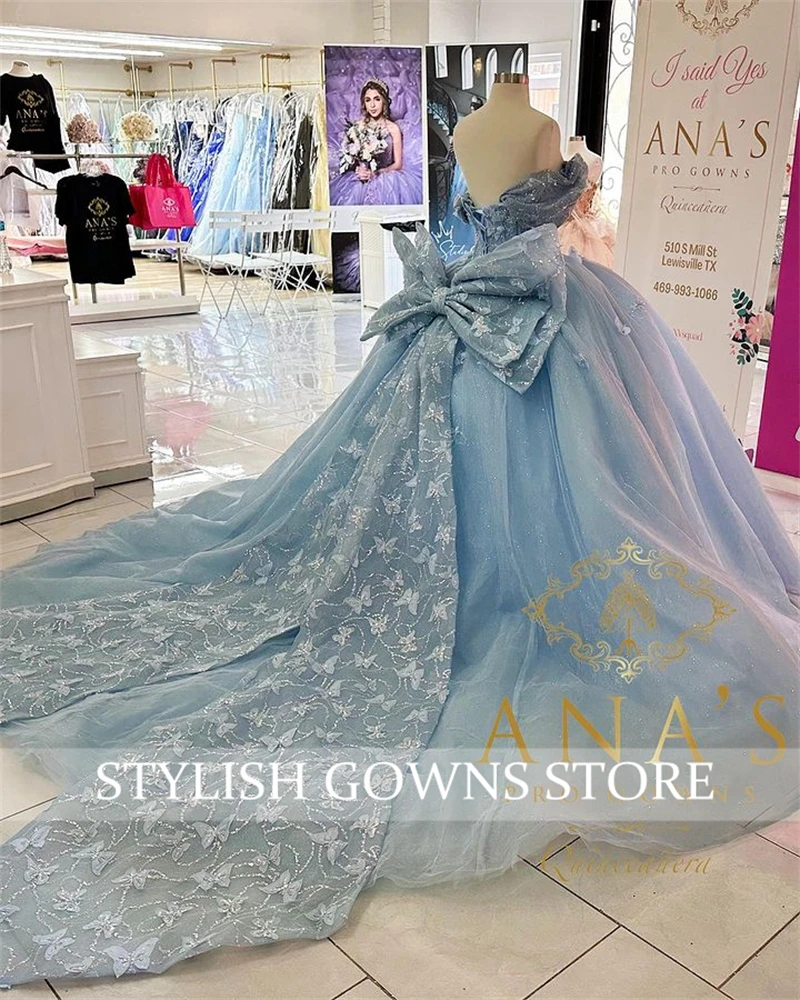 Gaun Princess biru Sweetheart Ball Quinceanera untuk anak perempuan manik-manik 3D bunga pesta ulang tahun gaun pesta Prom Bow Robe De