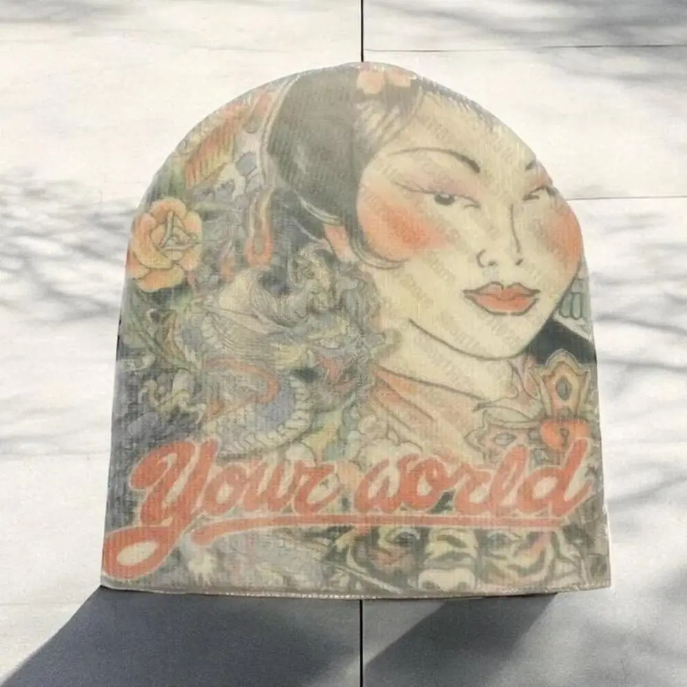 Breathable Printed Beanie Hat Elastic Warm Knit Brimless Skull Cap Kpop Harajuku Fashion Hip Hop Pull-on Beanie Cap