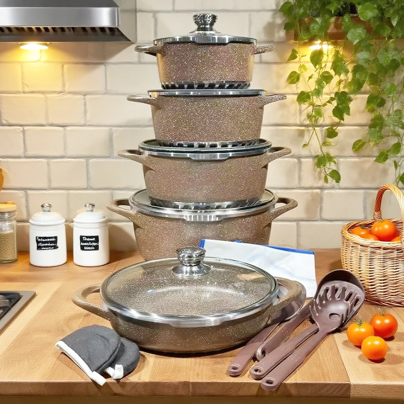 17Pcs NonStick Cookware Granite Die Cast Aluminum Cooking Pot Set Kitchenware Ustensiles De Cuisine