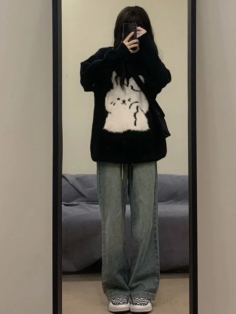 KOSAHIKI Japanese Cute Rabbit Jacquard Sweater Women Black Pullover Sueter Mujer Y2k Top Jumper Harajuku Knit Tops