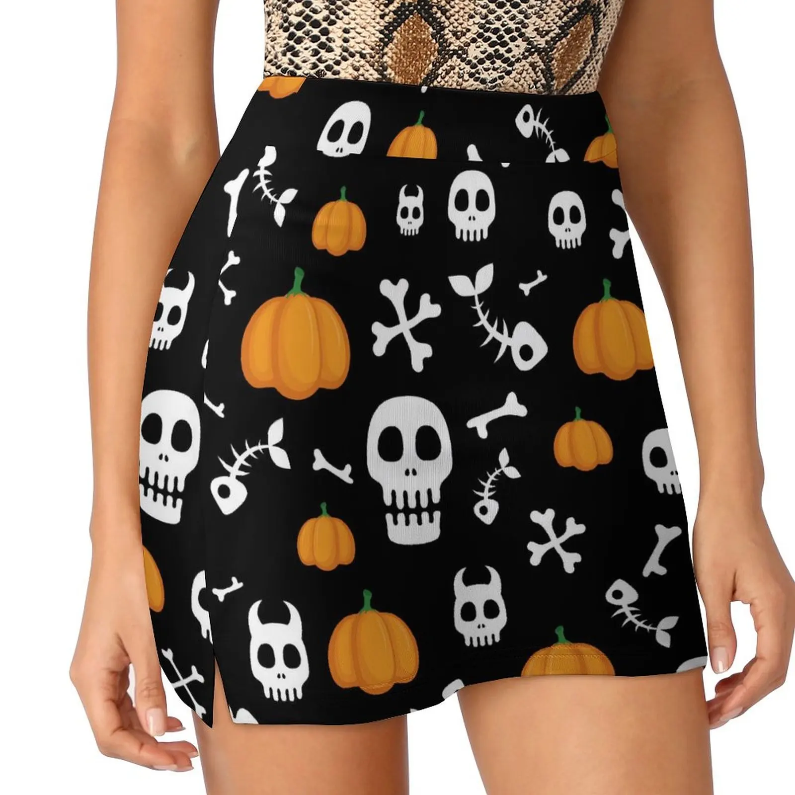 Happy Haunts Skirt Women Skulls Bones And Pumpkins Vintage Mini Skirts Summer Aesthetic High Waist Oversize Casual A-line Skirt