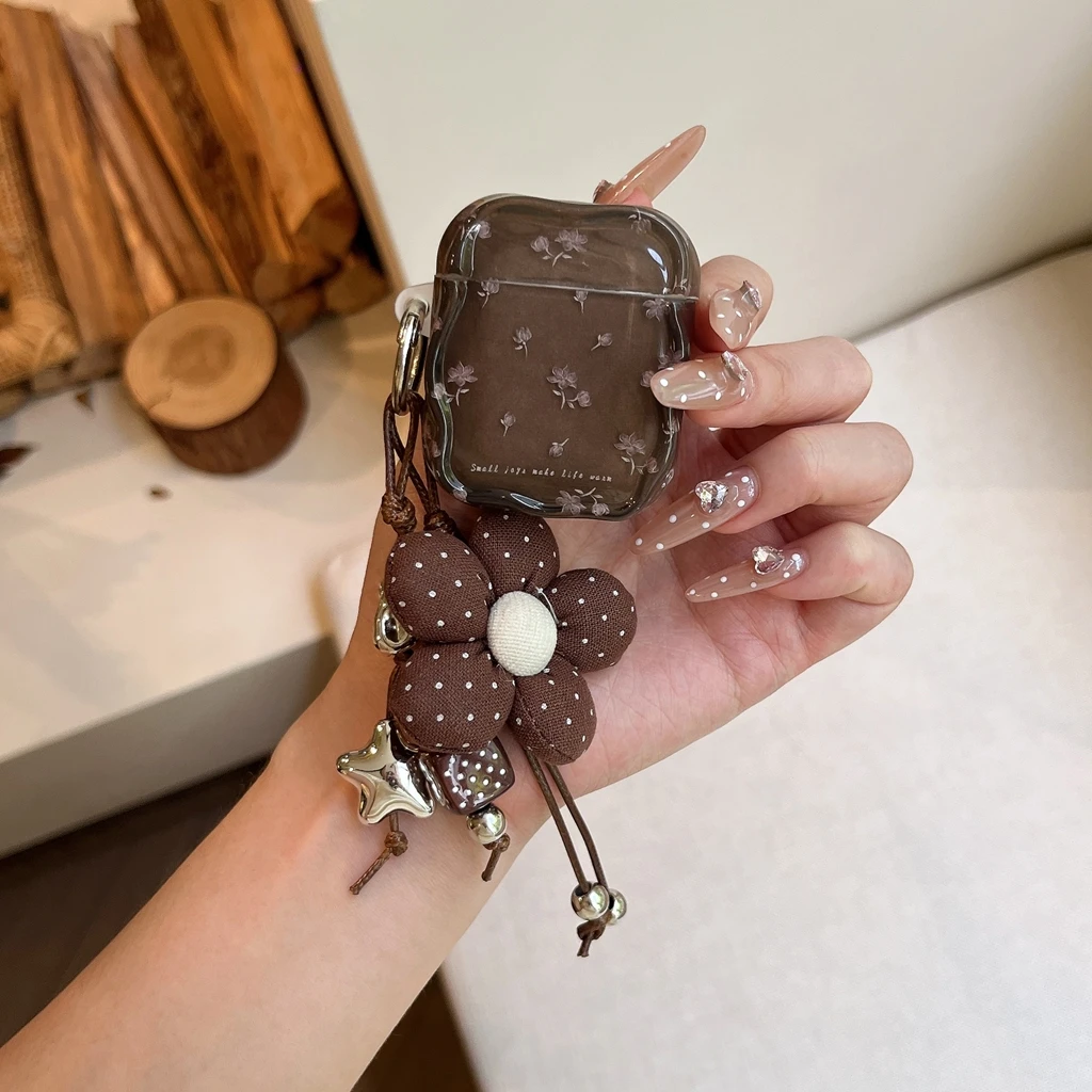 Vintage Brown Base Floral Wavy Edge Fabric  Polka Dot Flower Pendant Earphone Cover Case for AirPods 1 or 2 3 4 5 Pro 2 Pro 3 - view 4