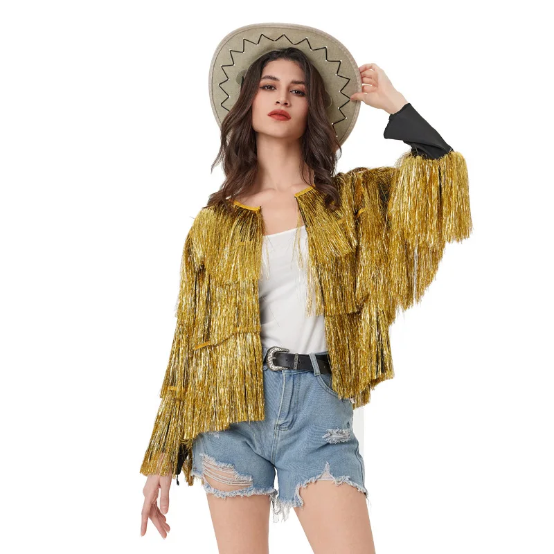 Spring Summer New Fashion Silver Silk Tassel Women Long Sleeved Jacket Simple Solid Color Female Coat